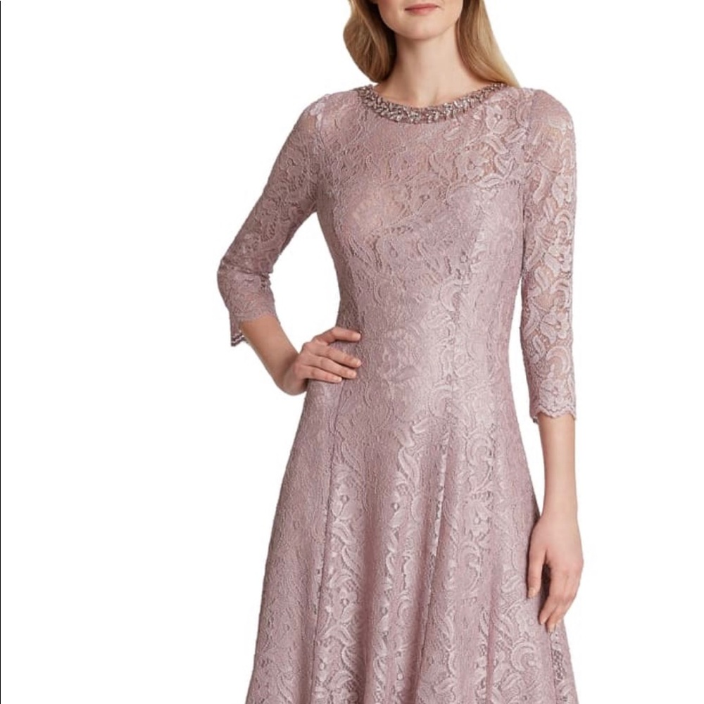 TAHARI Beaded Neck Stretch Lace Trumpet Gown